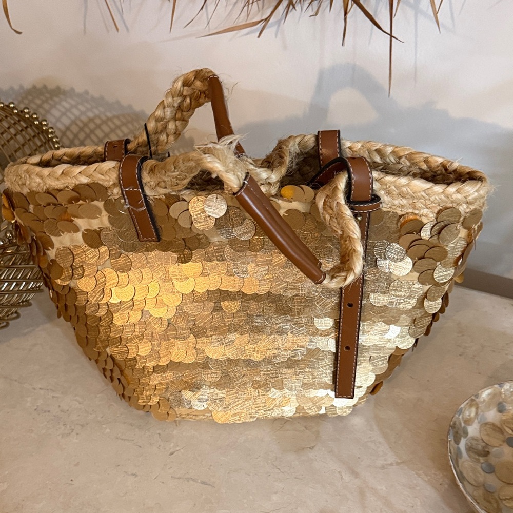 Zara Gold Sequin Tote with Brown Accents